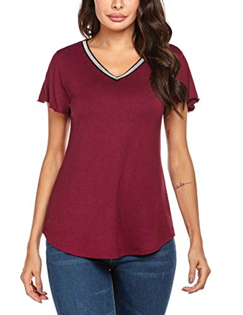 Wildtrest Summer Shirts and Blouses Womens Short Sleeve T Shirts Casual V Neck Tunic Wine Red Medium