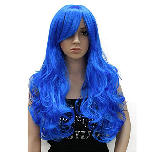 Aimole Cosplay Wig Womens Party Blue Long Curly Hair with Bang Synthetic Full Wigs?AB18Blue?