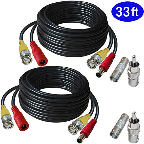 Security Camera Cable 2Pack 33ft AllinOne BNC Video Power Cables2in1 BNC Extension Wire Cord with BNC Connectors and RCA Adapters for CCTV Camera AHDTVI DVR Surveillance Security System Wiring