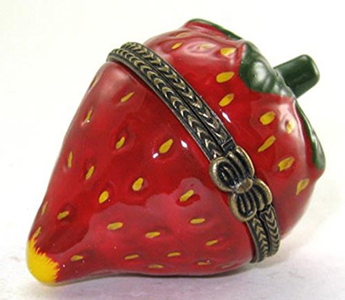 Strawberry Shaped Hinged Lid Porcelain Trinket Box with Trinket Inside, By ArtGifts, 2"L