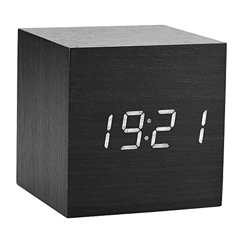 Wooden Electronic Digital Alarm Clock,LED Display Time Date And Temperature With Sounds Control Function And Adjustable Brightness Cube Desk Alarm Clock Great for Kid, Home, Office, Daily Life (Black)