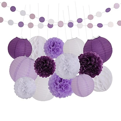 LyButty 16 Pcs Dark Purple Lavender White Tissue Paper Pom Poms Flowers Tissue Paper Lanterns Honeycomb Balls Polka Dot Paper Garland Birthday Party Wedding Baby Shower Decorations
