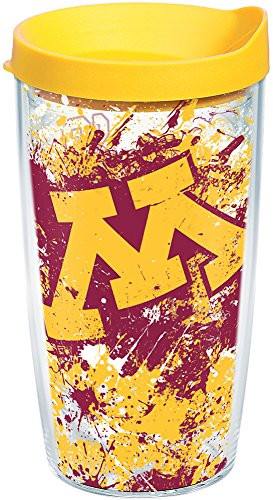 Tervis 1165398 Minnesota Golden Gophers Splatter Tumbler with Wrap and Yellow Lid 16oz, Clear