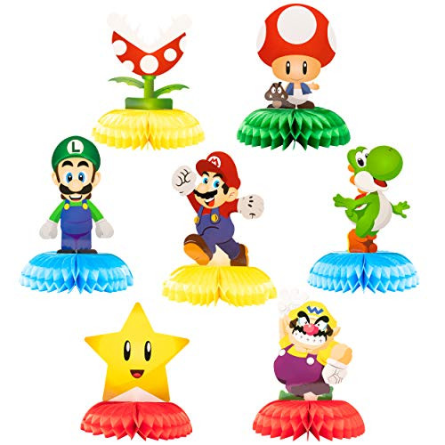 ANGOLIO Mario Brothers Honeycomb Centerpieces 7 Pcs Luigi Centerpiece Kit Wario Table Topper for Birthday Party Decoration Kinopio Double Sided Cake Topper Party Supplies for Kids Photo Booth Props