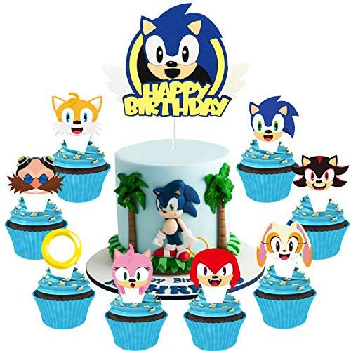 Salovio 49Pcs Sonic Cake Toppers Hedgehog Themed Party Cake Decorations Sonic Happy Birthday Cake Topper Cardstock Hedgehog Cupcake Toppers Kids Birthday Cake Decoration Baby Shower Party Supplies