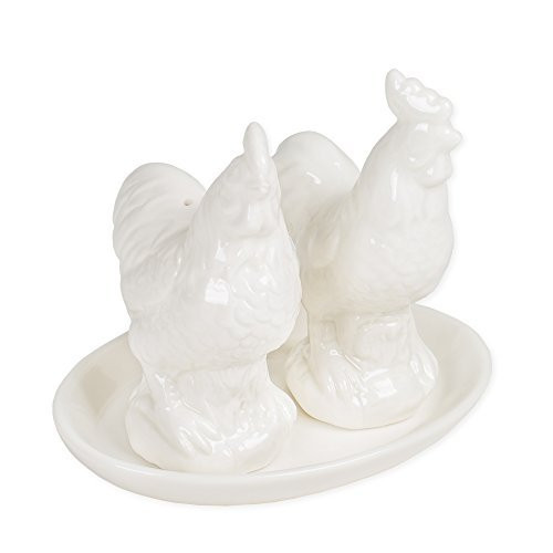 Chicken and Rooster Salt & Pepper Shaker White Porcelain Set Includes Tray
