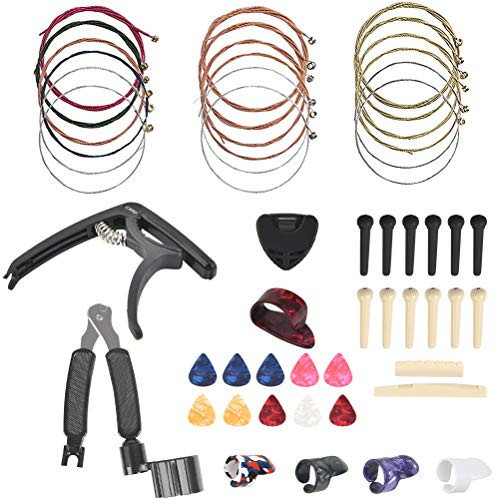 TIMESETL 49 Pcs Guitar Strings Changing Tool Kit Including Acoustic Guitar Strings Guitar Picks Capo String Winder Bridge Pins Pin Puller Guitar Bones  Pick Holder Finger Picks for Beginner