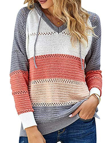 Womens Fall Color Block Hoodies Pullover Warm Casual Loose Knitted Hooded Sweatshirts Tops