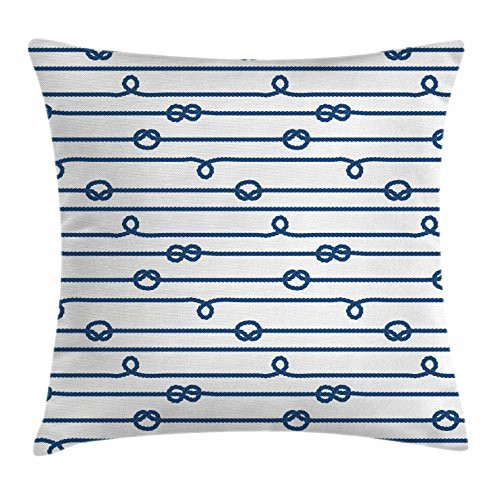 Ambesonne Navy Throw Pillow Cushion Cover, Ship Boat Sea Life Rope and Marine Nautical Knots as Border Lines Art Print, Decorative Square Accent Pillow Case, 16 X 16 Inches, Navy Blue and White