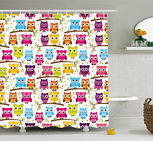 Ambesonne Owls Home Decor Collection, Owls in Forest Woodland Celebration Friendship Togetherness Themed Artwork, Polyester Fabric Bathroom Shower Curtain Set with Hooks, Yellow Aqua Green Ambesonne Owls Home Decor Collection, Owls in Forest Woodland Celebration Friendship Togetherness Themed Artwork, Polyester Fabric Bathroom Shower Curtain Set with Hooks, Yellow Aqua Green