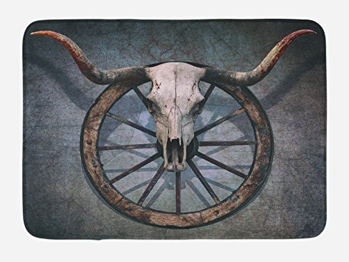 Ambesonne Barn Wood Wagon Wheel Bath Mat, Wild West Themed Design with Bull Skull on Cart Wheel Scratched Wall, Plush Bathroom Decor Mat with Non Slip Backing, 29.5 W X 17.5 W Inches, Multicolor