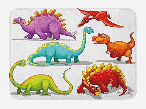 Ambesonne Dinosaur Bath Mat, Colorful Funny Different Dino Collection Friendly Wildlife Extinct Animals Ice Age, Plush Bathroom Decor Mat with Non Slip Backing, 29.5 W X 17.5 W Inches, Multicolor