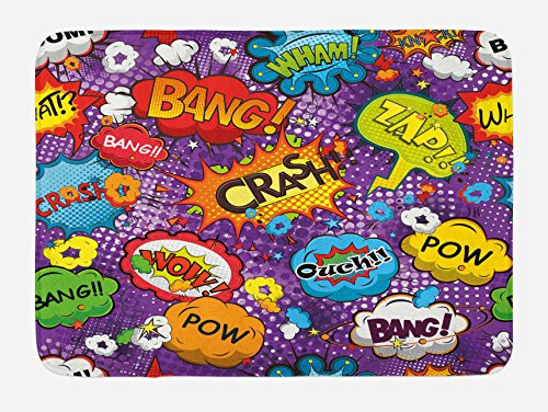 Lunarable Retro Bath Mat, Comic Book Style Speech Bubbles Explosion Boom Blast Effects Humorous Fun Pop Art, Plush Bathroom Decor Mat with Non Slip Backing, 29.5 W X 17.5 W Inches, Multicolor