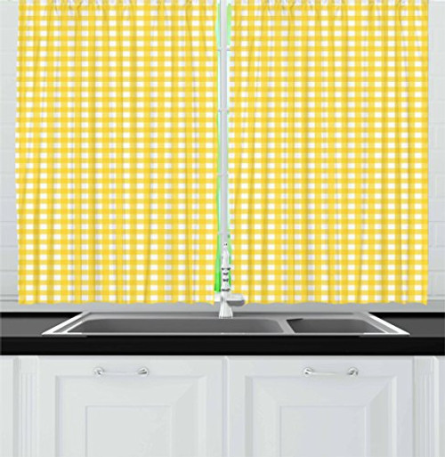 Ambesonne Checkered Kitchen Curtains, Classic English Pattern in Yellow Picnic in Summertime Theme Retro Striped, Window Drapes 2 Panel Set for Kitchen Cafe, 55 W X 39 L Inches, Yellow White