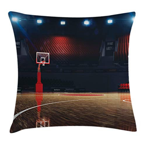 Ambesonne Sports Decor Throw Pillow Cushion Cover, Picture of Empty Basketball Court Sport Arena with Lights and Wood Floor, Decorative Square Accent Pillow Case, 20 X 20 Inches, Brown Black Red