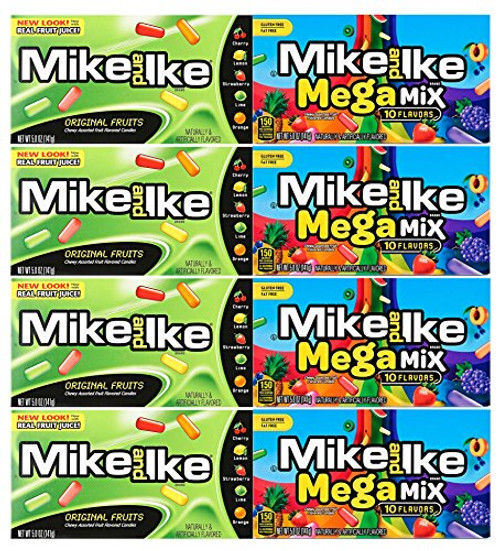 Set of 8 Mike and Ike Chewy Assorted Fruit Flavored Candies  Features Two Themes Including Original Fruit Flavors and Megamix Fruit Flavors  Gluten Free  Fat Free  15 Different Flavors Total!