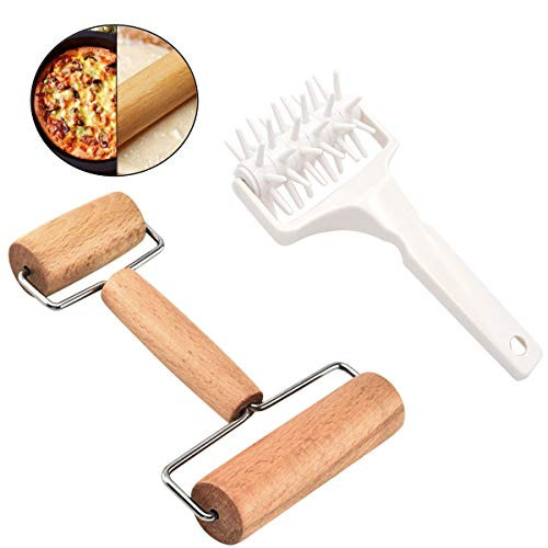 Amersumer 2 Pcs Plastic Pizza Roller Dough Docker Wood Double Dough Roller Non Stick Pizzer Pastry Roller for Pizza Crust or Pizza Crust Pastry Dough Baking Home or Kitchen