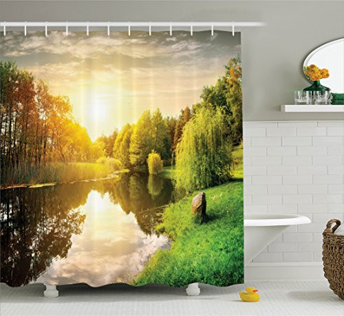 Ambesonne Lake House Decor Collection, Sunset Over Calm River Grass Willow Trees Grass Rocks Reflection Light Clouds, Polyester Fabric Bathroom Shower Curtain Set with Hooks, Green Blue White