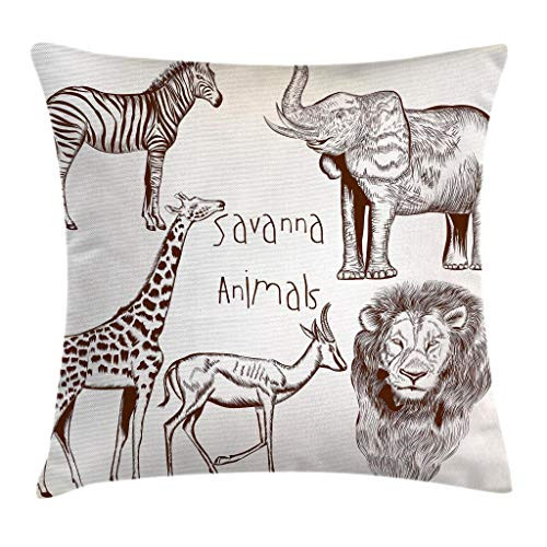 Ambesonne Safari Throw Pillow Cushion Cover, Composition of Tropic African Asia Wild Savannah Animals Lion Giraffe Zebra Graphic, Decorative Square Accent Pillow Case, 16 X 16 Inches, Cream Brown