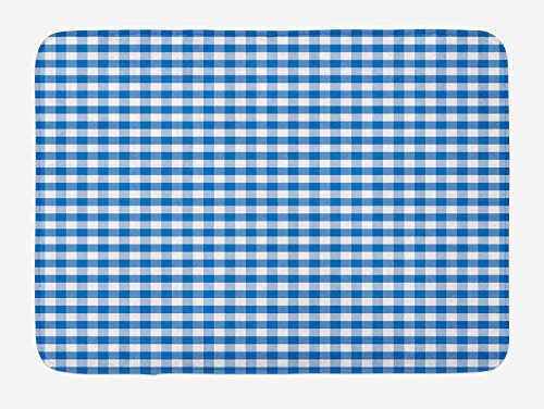 Ambesonne Checkered Bath Mat, Monochrome Gingham Checks Classical Country Culture Old Fashioned Grid Design, Plush Bathroom Decor Mat with Non Slip Backing, 29.5 W X 17.5 L Inches, Blue White