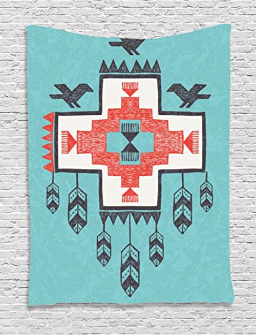 Ambesonne Native American Decor Tapestry, Ethnic Tribal Aztec Hand Drawn Dreamcathcher Folkloric Icons Birds Image, Wall Hanging Bedroom Living Room Dorm, 40 W x 60 L inches, Multi