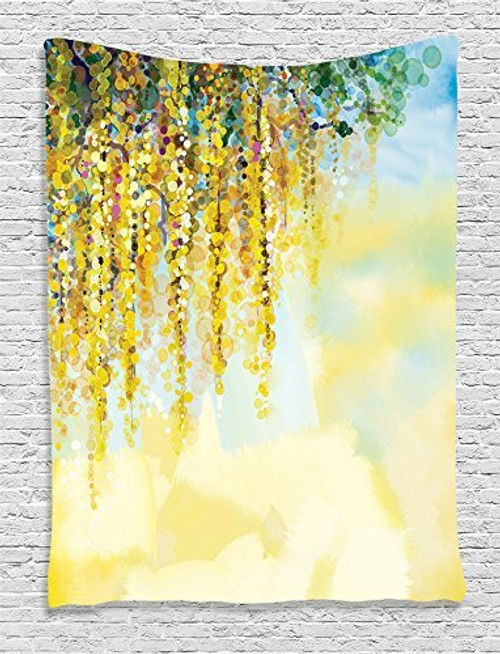 Ambesonne Watercolor Flower Decor Collection, Charms of Golden Color Wisteria Watercolor Painting, Bedroom Living Kids Girls Boys Room Dorm Accessories Wall Hanging Tapestry, Light Green Ivory Blue