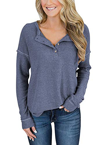 TEMOFON Womens Top Long Sleeve Waffle Knit Tops Casual Loose Fit Henley Shirts Tunic Blouse with Buttons Blue 2XL
