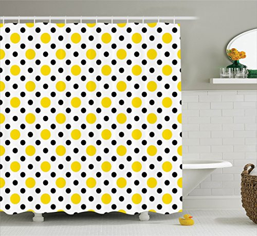 Ambesonne Polka Dots Home Decor Collection, Different Size and Color Polka Dots Playful Trendy Cultural Artsy Motif, Polyester Fabric Bathroom Shower Curtain, 75 Inches Long, Yellow White Black