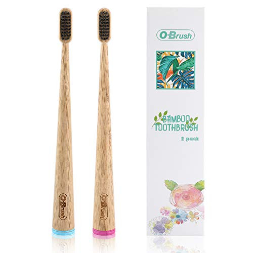 OBrush Bamboo Charcoal Toothbrush  Self Standing Bamboo Toothbrushes with Medium Charcoal Bristles  Unique Bamboo Tooth brush with Charcoal Infused Bristles  Blue and Pink Color Pack of 2