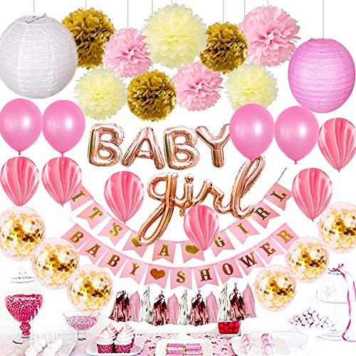 Baby Shower Decorations For Girl  Pink And Gold Baby Shower Decorations With Its A Girl  Baby Shower Banner Baby Girl Balloons Flower Pom Poms Paper Lanterns Tassels  Girl Baby Shower Decorations