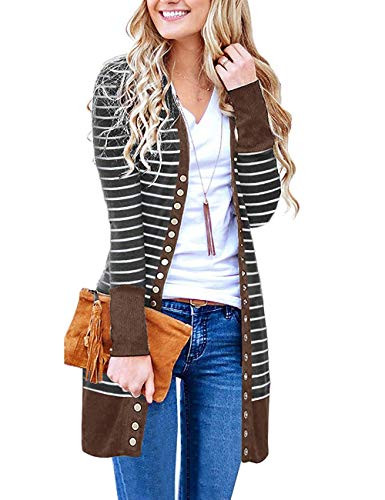 Beckys Fantasy Womens V Neck Button Down Knitwear Long Sleeve Cardigan Sweater Small Astripe Brown