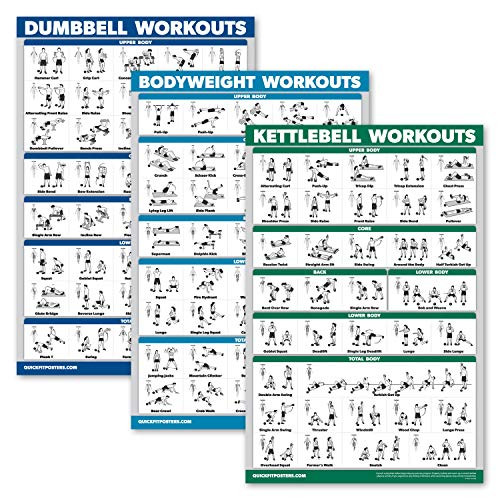 QuickFit 3 Pack  Dumbbell Workouts  Kettlebell Exercises  Bodyweight Routine Poster Set  Set of 3 Workout Charts Laminated 18 x 27