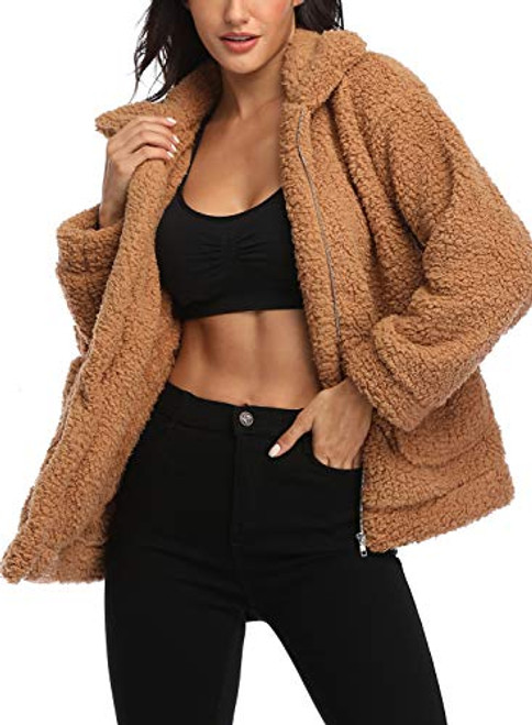 EZIGO Womens Fuzzy Fleece Sherpa Jacket Coat Warm Winter Faux Fur Shearling Jacket Coat with Pocket Fur Teddy Bear Jacket Small Camel
