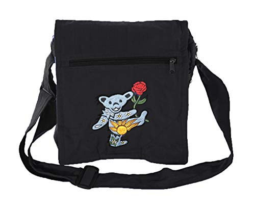 Jayli Cotton Square Shoulder Bag with Embroidered Dancing Aiko Bear  Grateful Dead  GDB106BLK