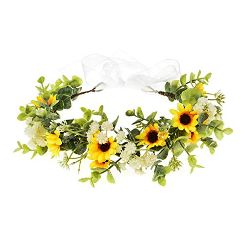 Funsveta Floral Headpiece Garland Halo Maternity Photo Shoot Flower Crown Eucalyptus Leave Headband Wedding Headpiece Yellow Sunflower and Green Leaf