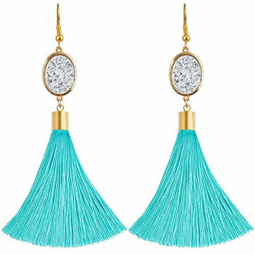 TUMBEELLUWA Tassel Dangle Earrings Healing Crystal Quartz Druzy Fringe Thread Drop Earring Handmade Jewelry for Women Silver Druzy