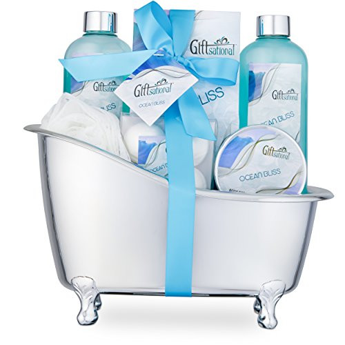 Spa Gift Basket with Refreshing Ocean Bliss Fragrance  Best Christmas Birthday or Anniversary Gift for Women Bath Gift Set Includes Shower Gel Bubble Bath Bath Salts Bath Bombs and More