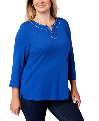 Karen Scott Womens Plus Grommet ThreeQuarter Sleeves Pullover Top Blue 0X