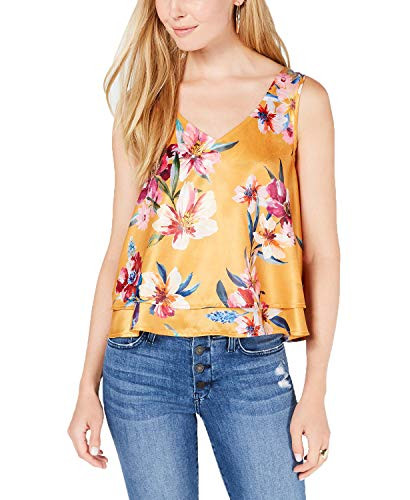 bar III Womens FloralPrint VNeck RuffledHem Tank Top