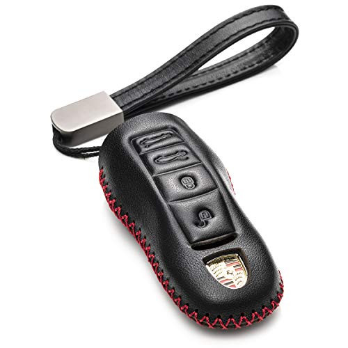 Vitodeco Genuine Leather Smart Key Fob Remote Case with Leather Key Chain for Porsche 718 Porsche 911 Porsche Panamera Porsche Cayenne 4Button BlackRed