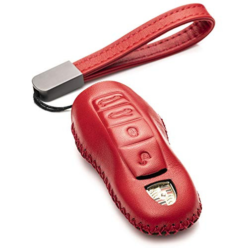 Vitodeco Genuine Leather Smart Key Fob Remote Case with Leather Key Chain for Porsche 718 Porsche 911 Porsche Panamera Porsche Cayenne 4Button Red