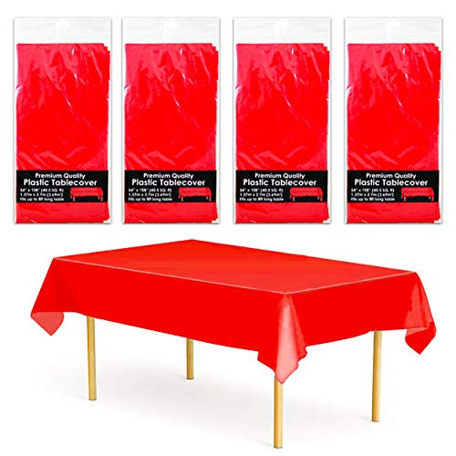 Graydon Hall Premium Rectangle Disposable Tablecloth Set Plastic Table Covers  4 Pack Bulk Disposable Table Covers for Rectangle 8 Foot Tables Red Party Decorations 54 x 108