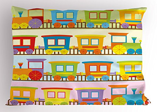 Lunarable Train Pillow Sham, Empty Toy Vehicle Childhood Memories Playing with Miniature Locomotives Cartoon Style, Decorative Standard Size Printed Pillowcase, 26 X 20 Inches, Multicolor
