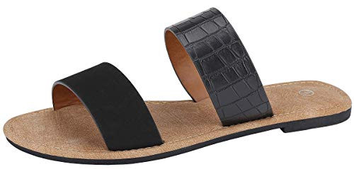 The Collection Annie Womens Double 2 Strap Sandal Low Flat Heel Slip On Slide Black Stone 8
