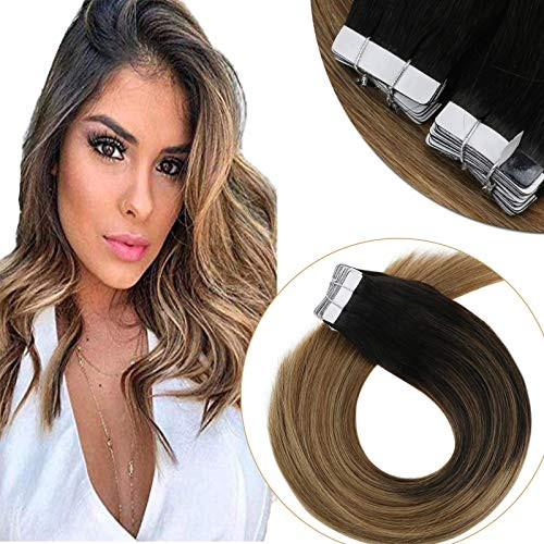 VeSunny 20inch Tape in Extensions Balayage Black Ombre Brown Highlighted Blonde Human Hair Extensions Glue in Skin Weft Hair Extensions Tape in 20pcs 50gram