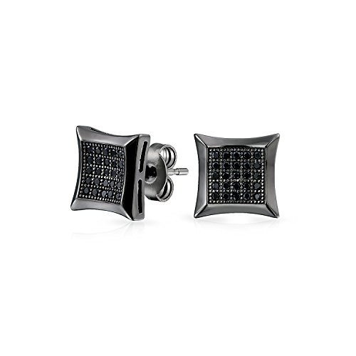 Black Square Shaped Cubic Zirconia Micro Pave CZ Kite Stud Earrings For Men Black Plated 925 Sterling Silver 9MM