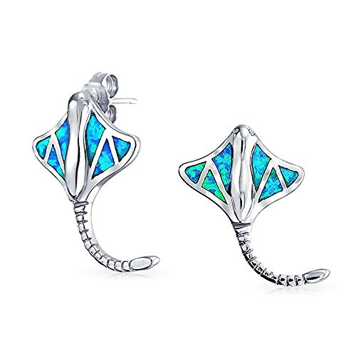 Nautical Blue Inlay Created Opal Large Stingray Stud Earrings For Women 925 Sterling Silver October Birthstone
