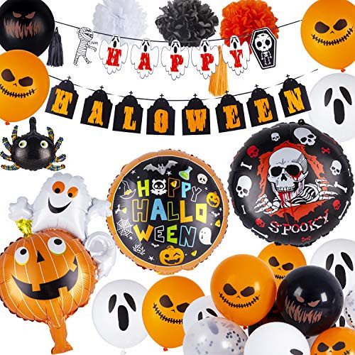 Halloween Balloons Party Decorations Kit Happy Halloween Balloon Banner Latex Balloons Star Pumpkin Ghost Mylar Balloons Paper Garlands Tissue Tassel Halloween Balloons