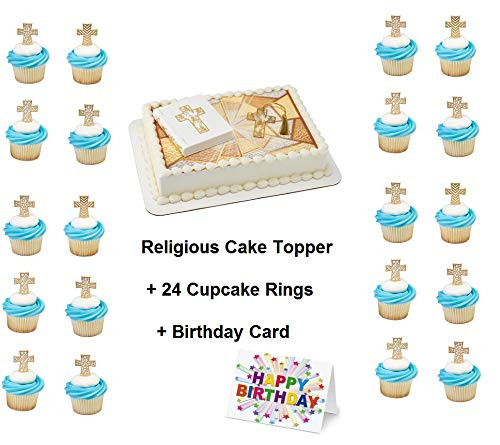 Religious Baptism Christening Confirmation First Communion Cross Gold Cake Topper Set Cupcake 24 Pieces Birthday Supplies Favors Goodies