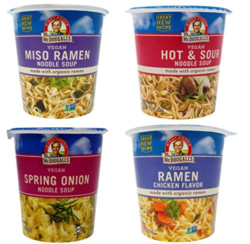Dr McDougalls Vegan Asian Noodle Cups 4 Flavor Variety Bundle 1 Ea Spring Onion Miso Ramen Chicken Ramen and Hot  Sour 1819 Ounces